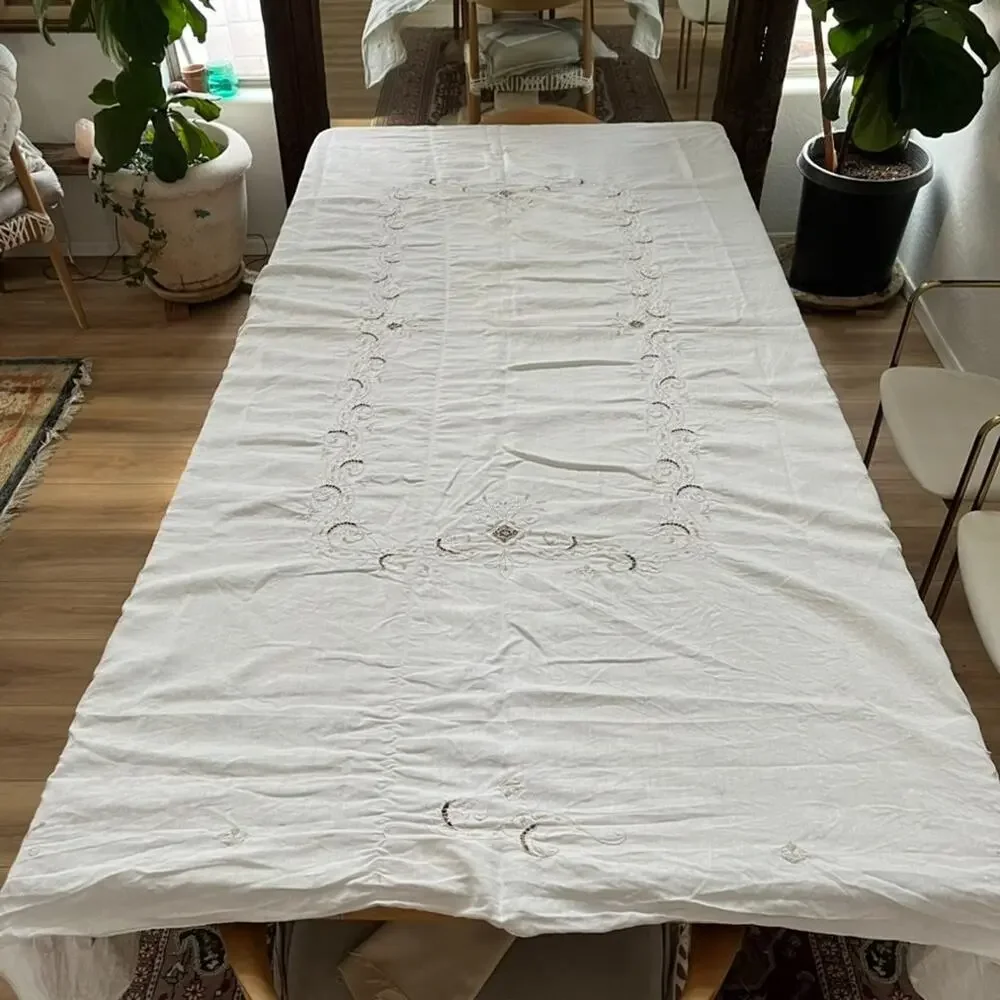 Vtg 1 Tablecloth & 10 Napkins Off-white Linen Taupe Embroidered Openwork Madeira